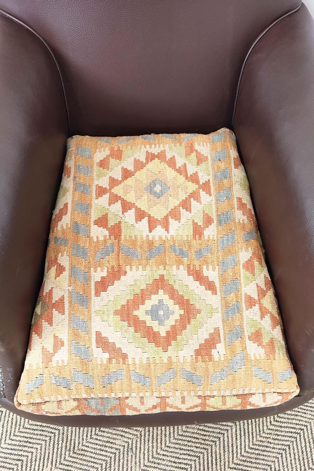 CLUB ARMCHAIR, early 20th century oak in brown leatherette with kilim seat cushion and modern - Image 11 of 14