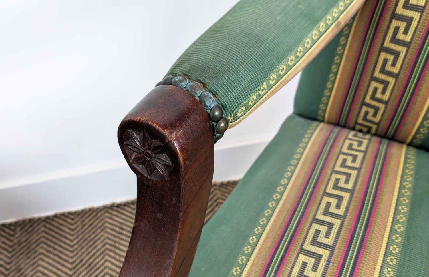 GAINSBOROUGH STYLE ARMCHAIRS, a pair, mahogany in green Greek key striped fabric, 102cm H x 63cm. ( - Image 12 of 18