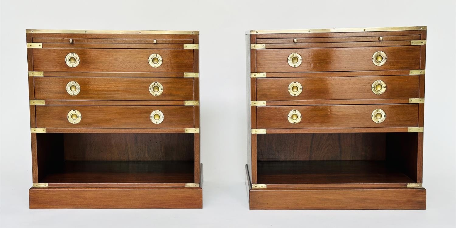 CAMPAIGN STYLE CHESTS, a pair, mahogany and brass bound with tooled leather and three drawers, - Image 2 of 20