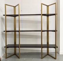 BOOKCASE, two gilt metal supports holding three veneered shelves, 200cm x 50cm x 208.5cm approx.