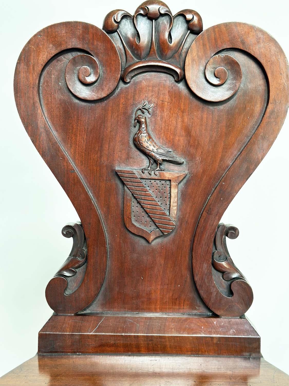 HALL CHAIRS, a pair, George III English Country House mahogany with carved armorial backs and - Image 8 of 14