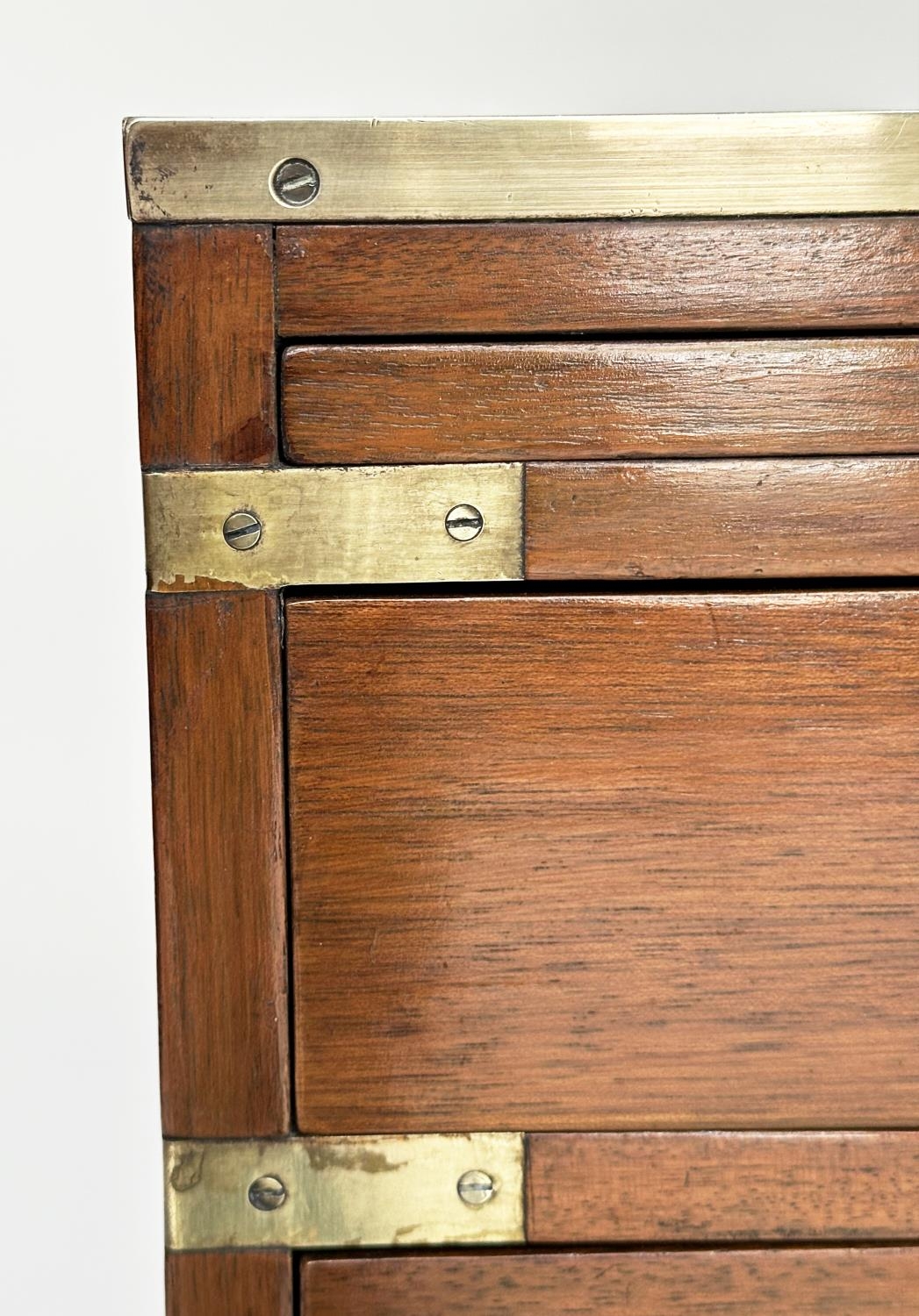 CAMPAIGN STYLE CHESTS, a pair, mahogany and brass bound with tooled leather and three drawers, - Image 15 of 20