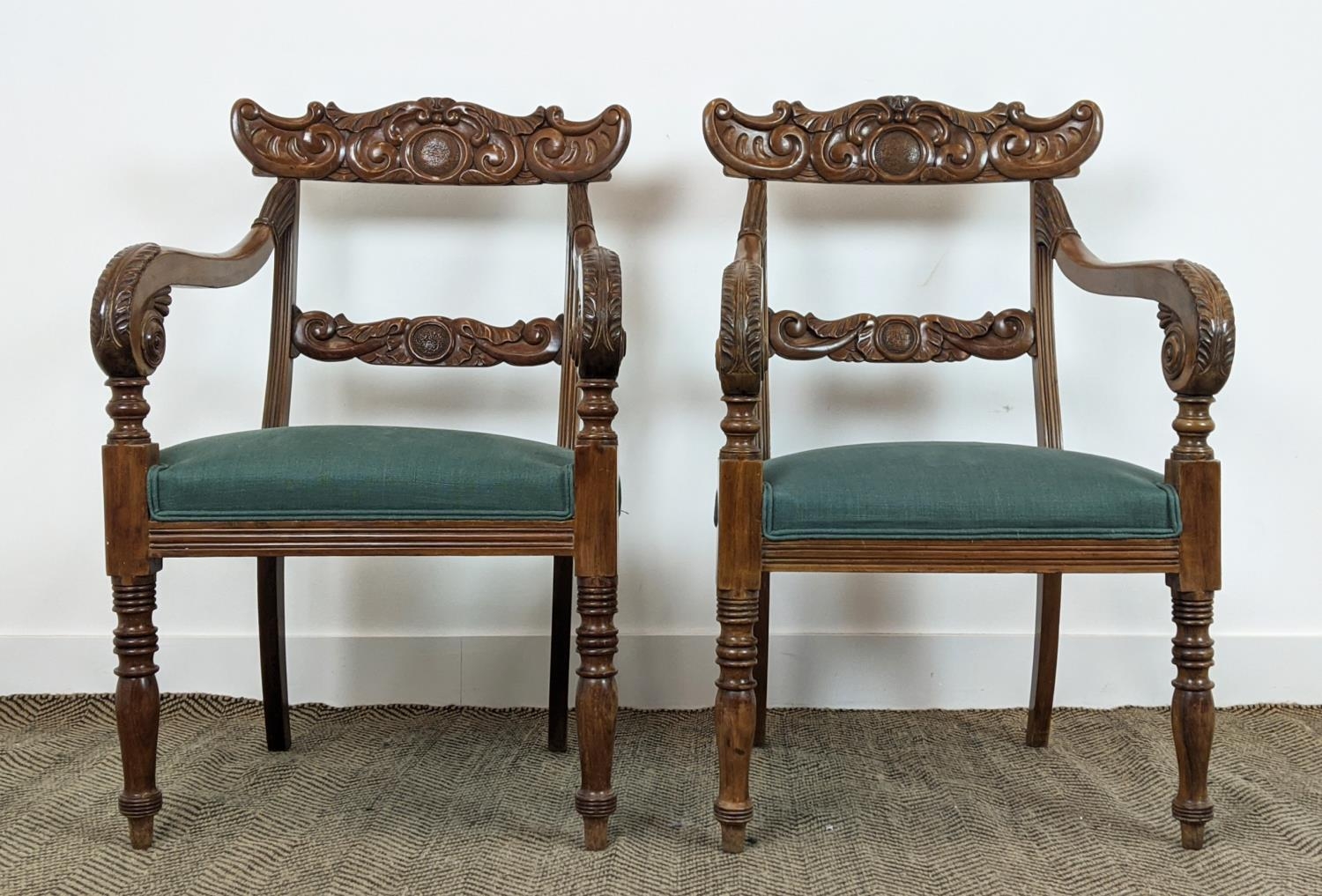 ARMCHAIRS, a pair, mid 19th century mahogany with green stuffover seats, 91cm H x 58cm x 58cm. (2) - Image 5 of 18