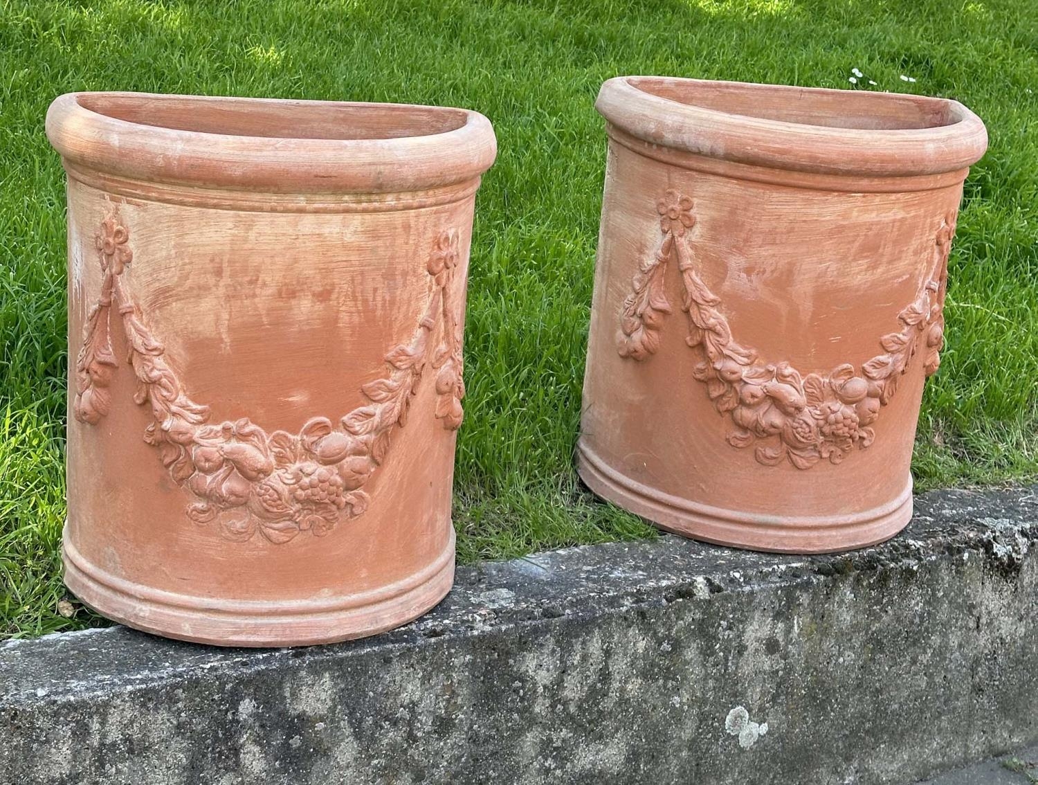 GARDEN PLANTERS, a pair, weathered Tuscan terracotta, D-section with swag decoration, (marks - Image 15 of 20