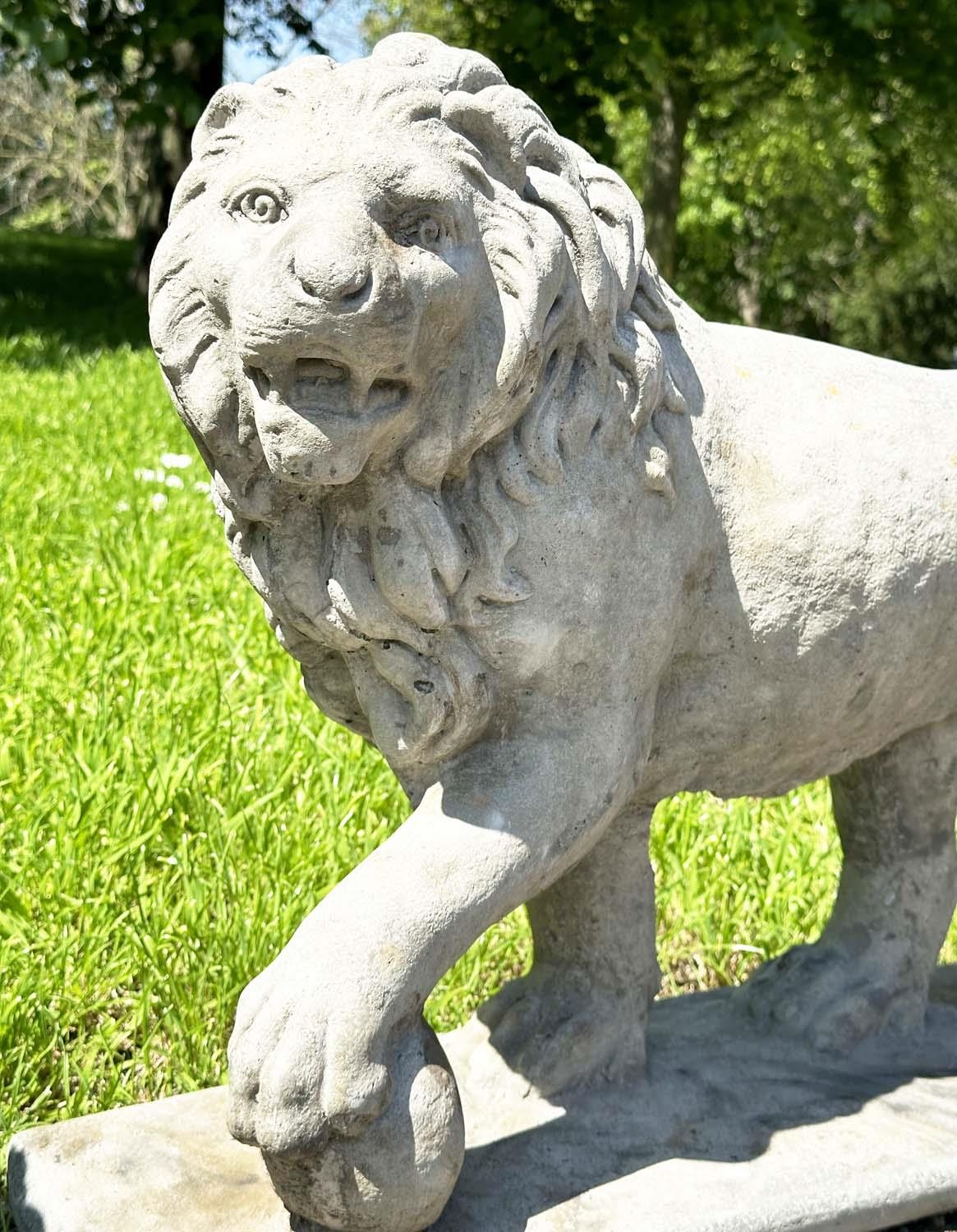 GARDEN LIONS, a pair, weathered reconstituted stone, 58cm H x 70cm W. (2) - Image 14 of 14