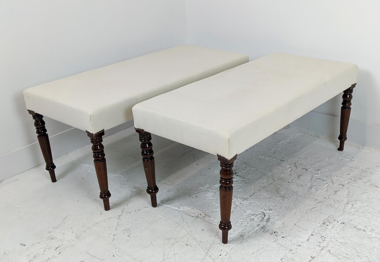 STOOLS, a pair, part Victorian mahogany with rectangular white upholstery, 46cm H x 101cm W x 45cm - Image 2 of 12