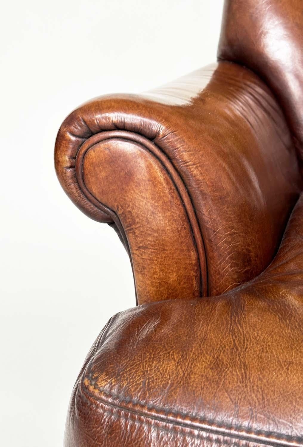 LIBRARY ARMCHAIR, Georgian design with deep buttoned soft natural tan brown leather upholstery and - Image 9 of 14