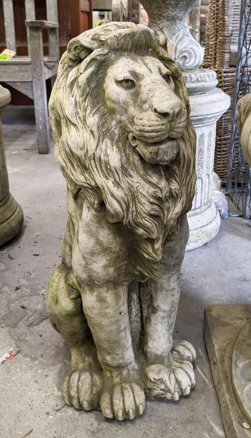 TWO RECONSTITUTED STONE LIONS, 58cm H. - Image 2 of 2