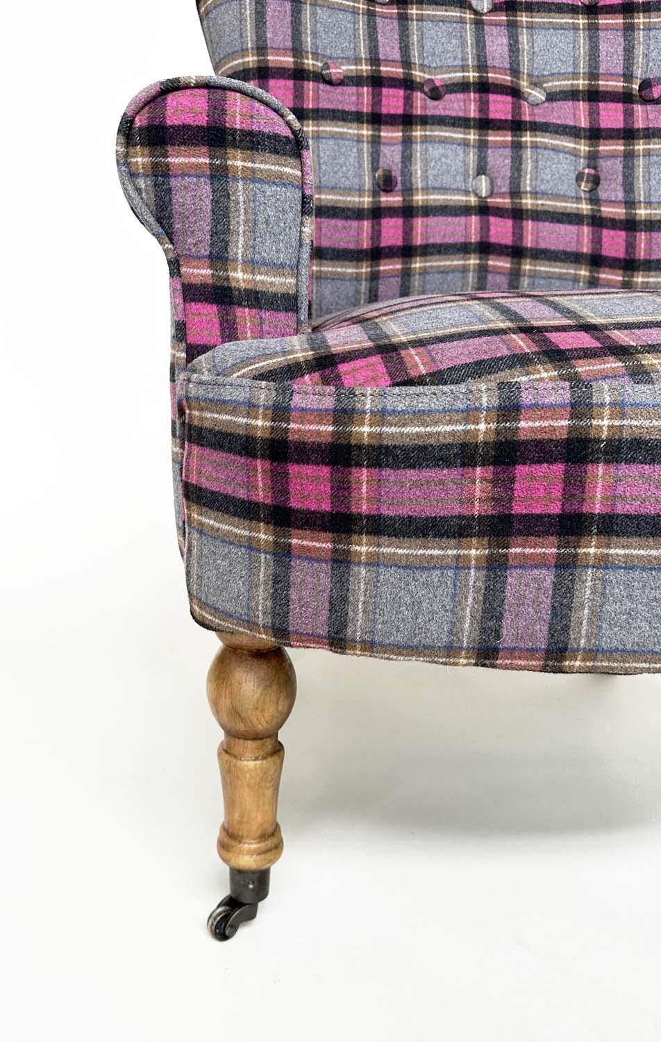 ARMCHAIR, Victorian style plaid upholstered with scroll arms, button back and turned supports, - Bild 4 aus 6