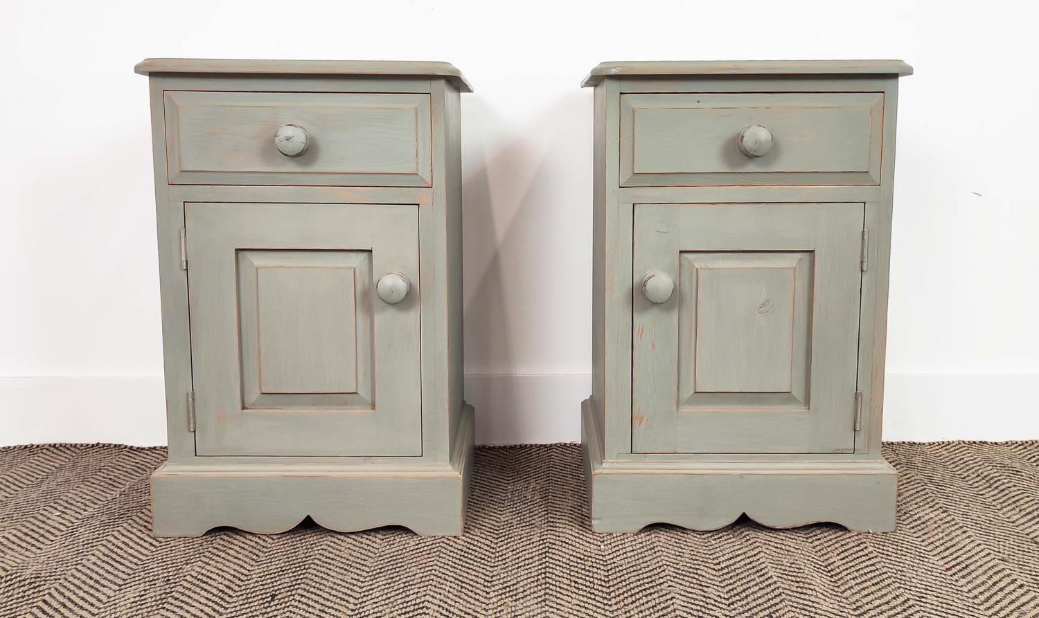 BEDSIDE CABINETS, a pair, grey painted, each with drawer and door, 60cm H x 40cm x 36cm. (2) - Image 3 of 16