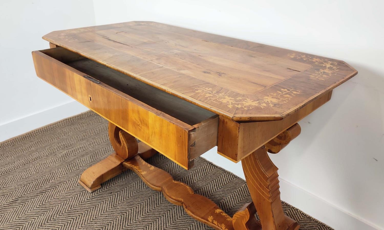 WRITING TABLE, Biedermeier walnut, olivewood and marquetry with frieze drawer, 80cm H x 122cm x - Image 18 of 18