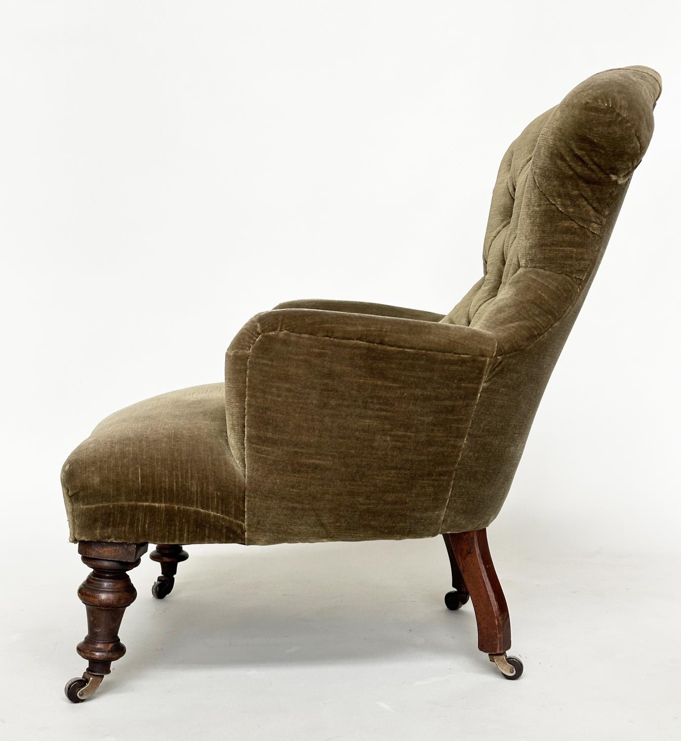 ARMCHAIR, Victorian green velvet upholstered with buttoned back, serpentine front and turned - Image 11 of 12
