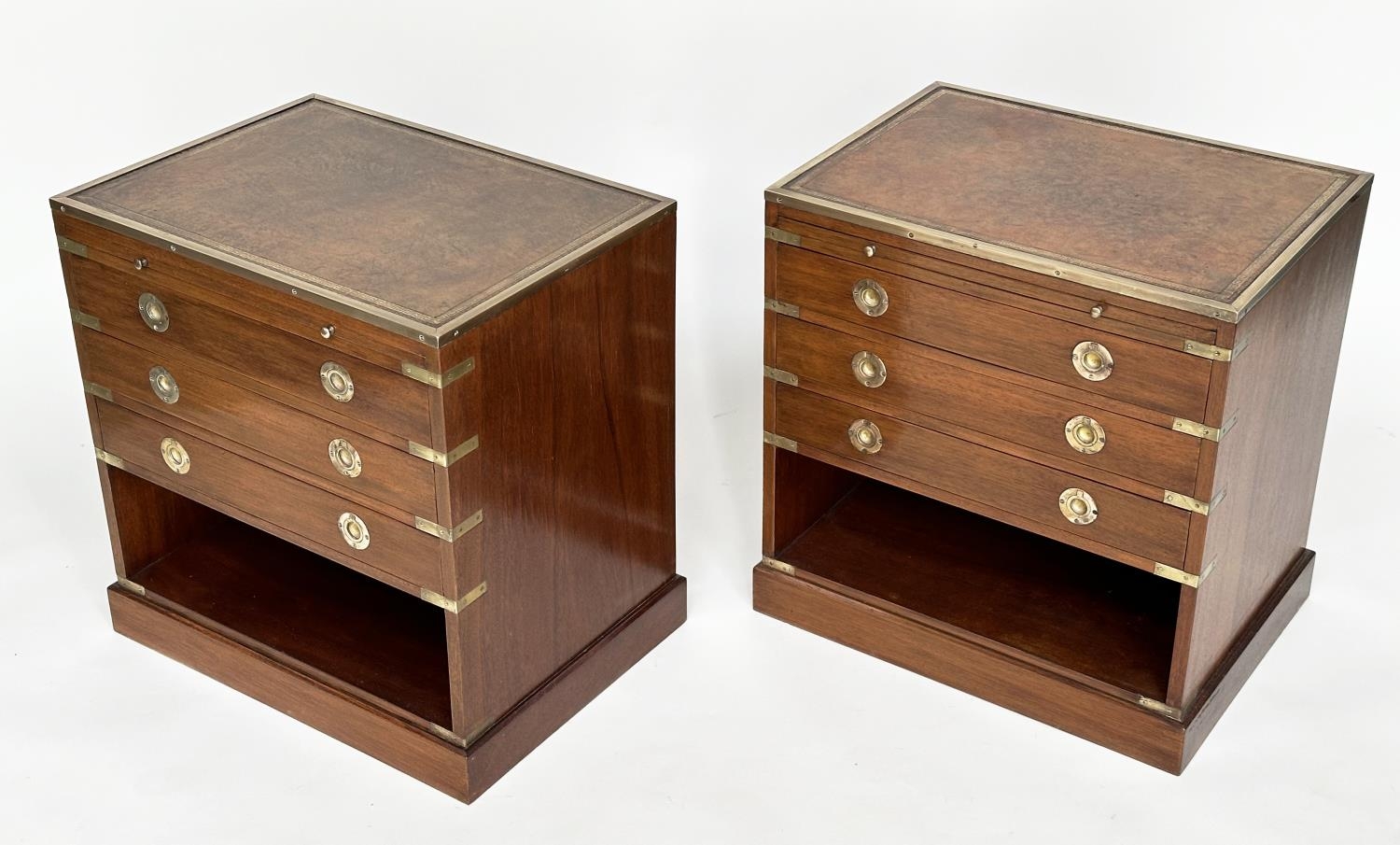 CAMPAIGN STYLE CHESTS, a pair, mahogany and brass bound with tooled leather and three drawers, - Image 4 of 20