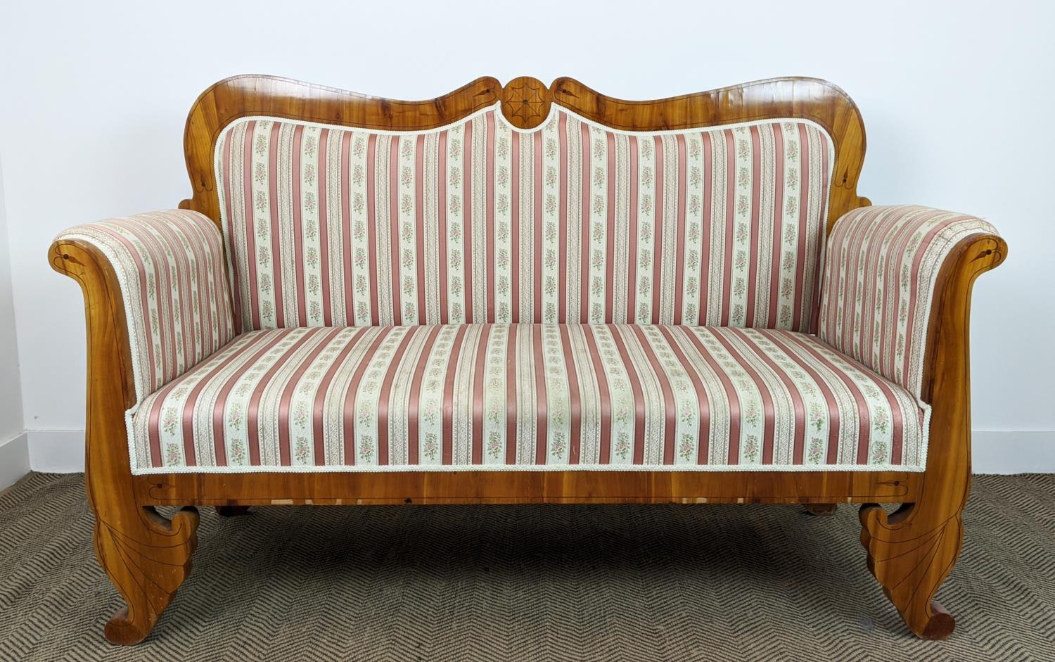 SOFA, Biedermeier cherrywood and line inlaid with pink striped upholstery, 104cm H x 168cm x 68cm. - Image 3 of 24