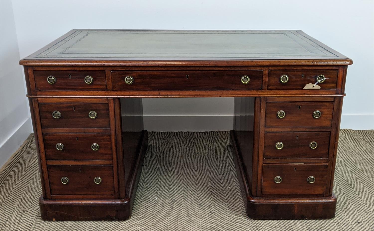PEDESTAL DESK, Victorian mahogany with a tooled inlaid green leather top over nine drawers, 140cm - Bild 2 aus 18