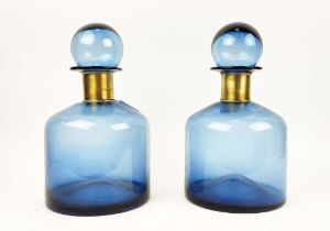 BOTTLE VASES, a pair, blue glass with gilt metal, 40cm H x 22cm. (2)