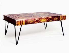 LOW TABLE, faux atlas book top on metal hairpin legs, 110cm W x 70cm D x 45cm H.