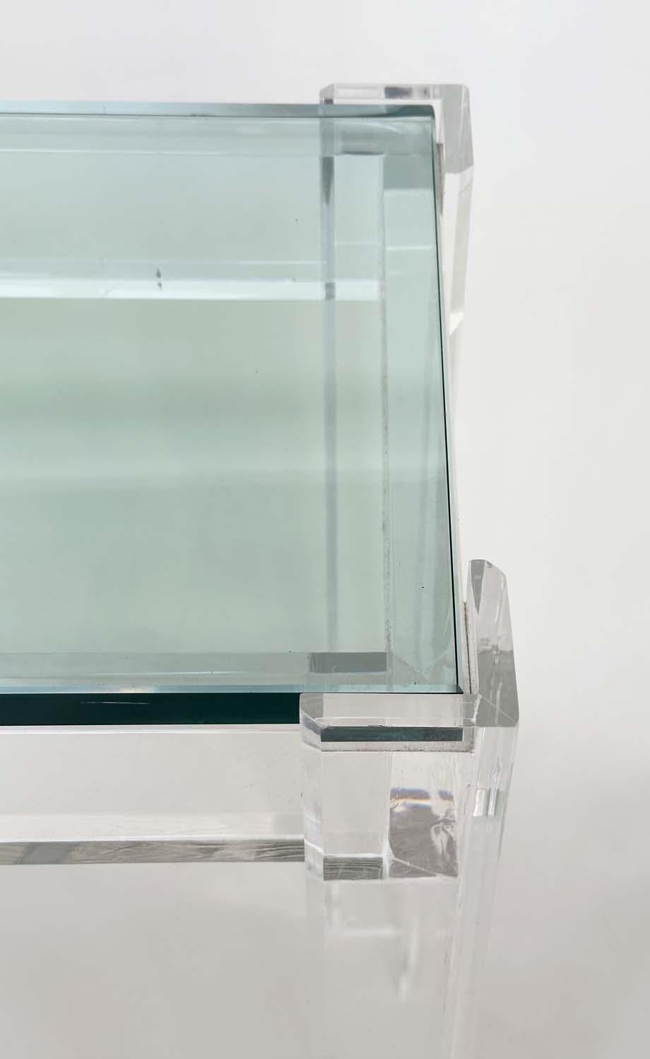 LUCITE CONSOLE TABLE, rectangular plate glass in lucite supports, 109cm W x 34cm D x 75cm H. - Image 3 of 4