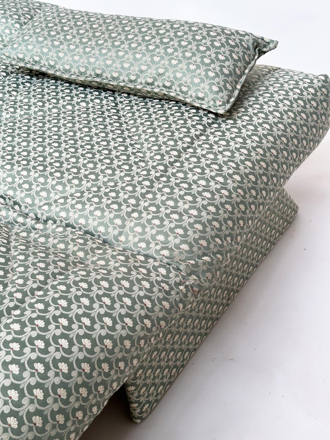 SOFA BED, geometric print upholstered with cushion, transferring to bed, 142cm W (180cm extended). - Image 8 of 8