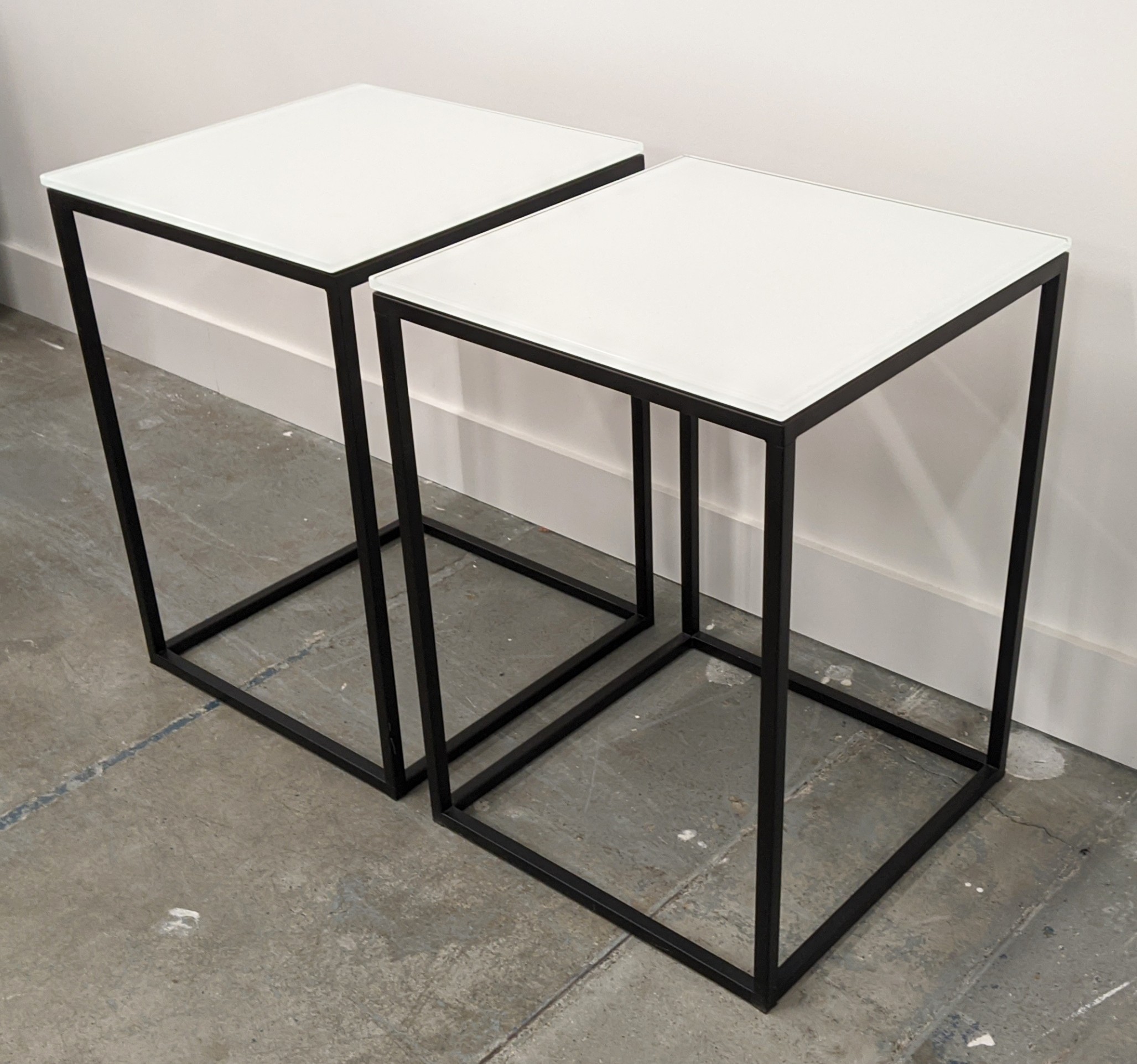 SIDE TABLES, a pair, 40cm x 40cm x 55cm, frosted glass tops, on black painted metal supports. (2) - Bild 3 aus 5