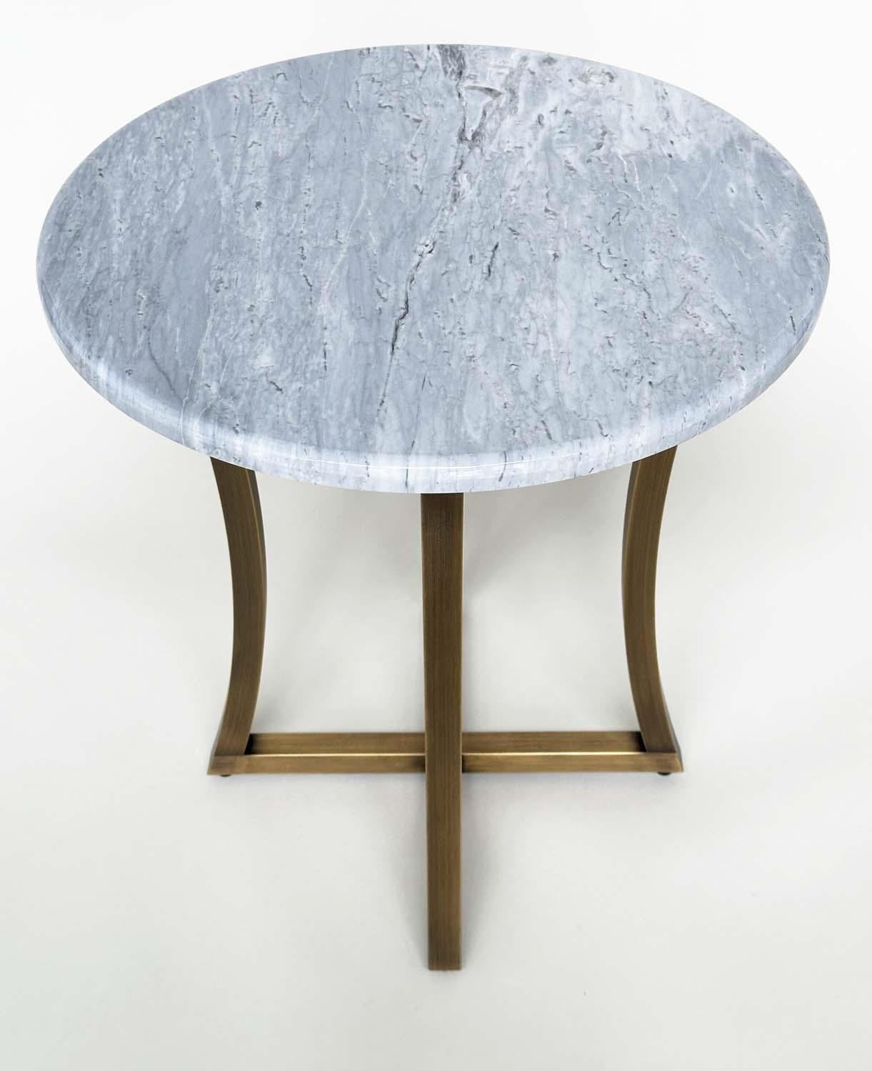 DECCA SIDE TABLE, circular grey/white marble and curved interlocking gilt metal bronzed supports,