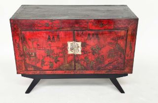 CHINESE CABINET ON STAND, 19th century scarlet lacquered and gilt polychrome decorated with two