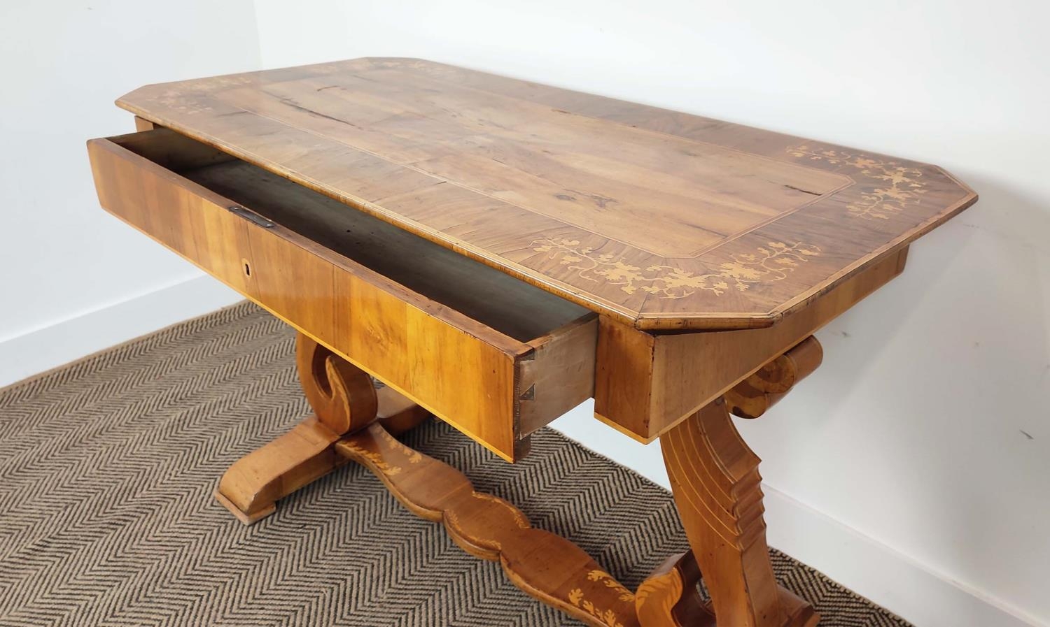 WRITING TABLE, Biedermeier walnut, olivewood and marquetry with frieze drawer, 80cm H x 122cm x - Image 17 of 18