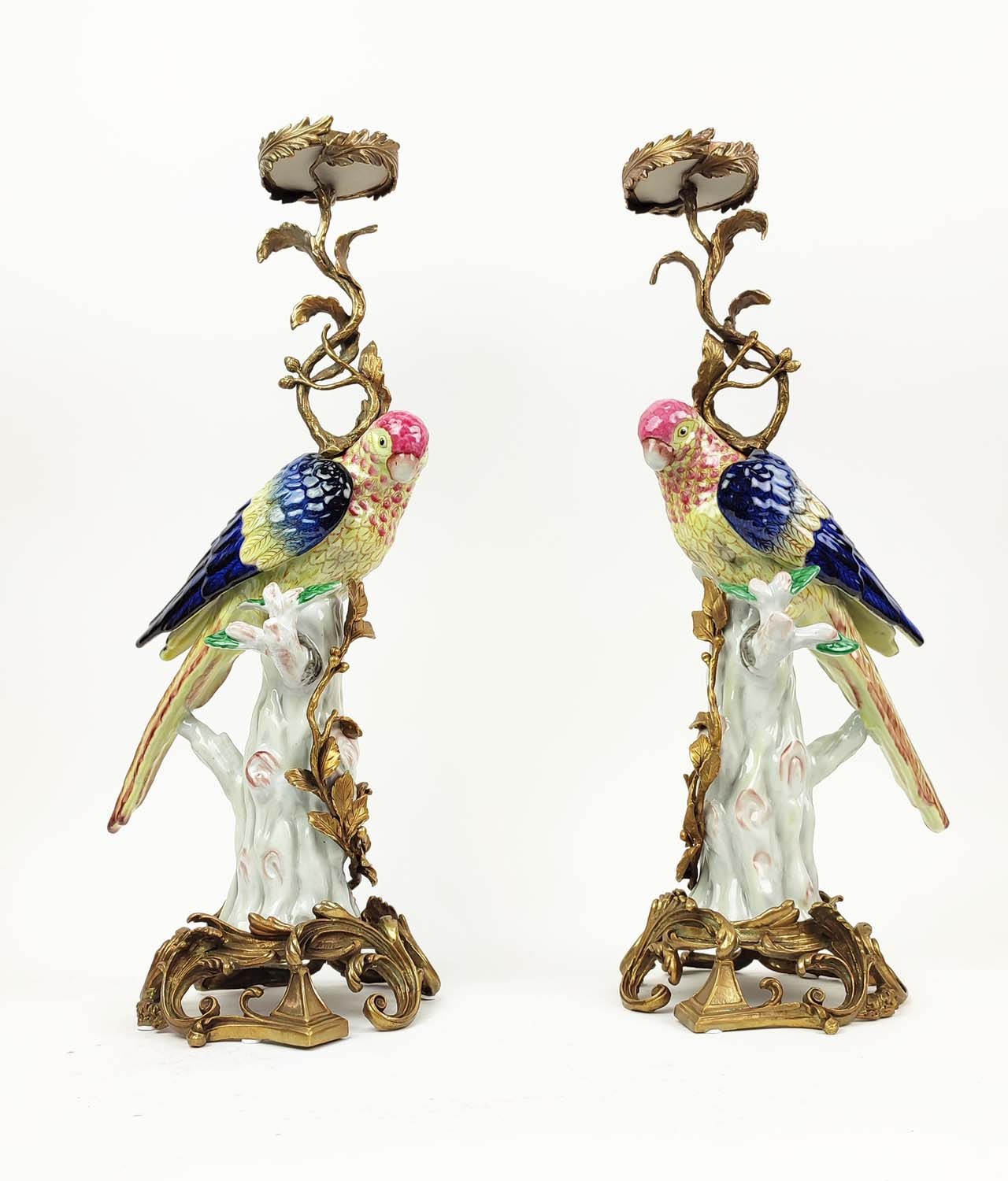 CANDLESTICKS, a pair, ceramic and gilt metal parrot design, 53cm H. (2)