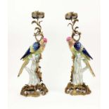 CANDLESTICKS, a pair, ceramic and gilt metal parrot design, 53cm H. (2)