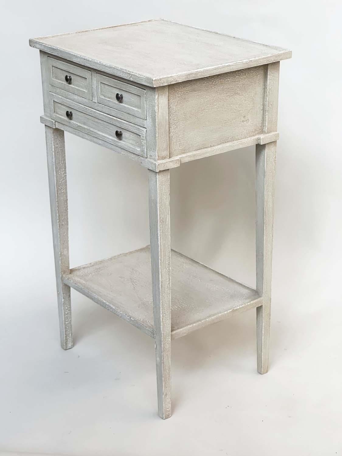 BEDSIDE/LAMP TABLES, a pair, French style grey painted each with three drawers and undertier, 44cm W - Image 7 of 9