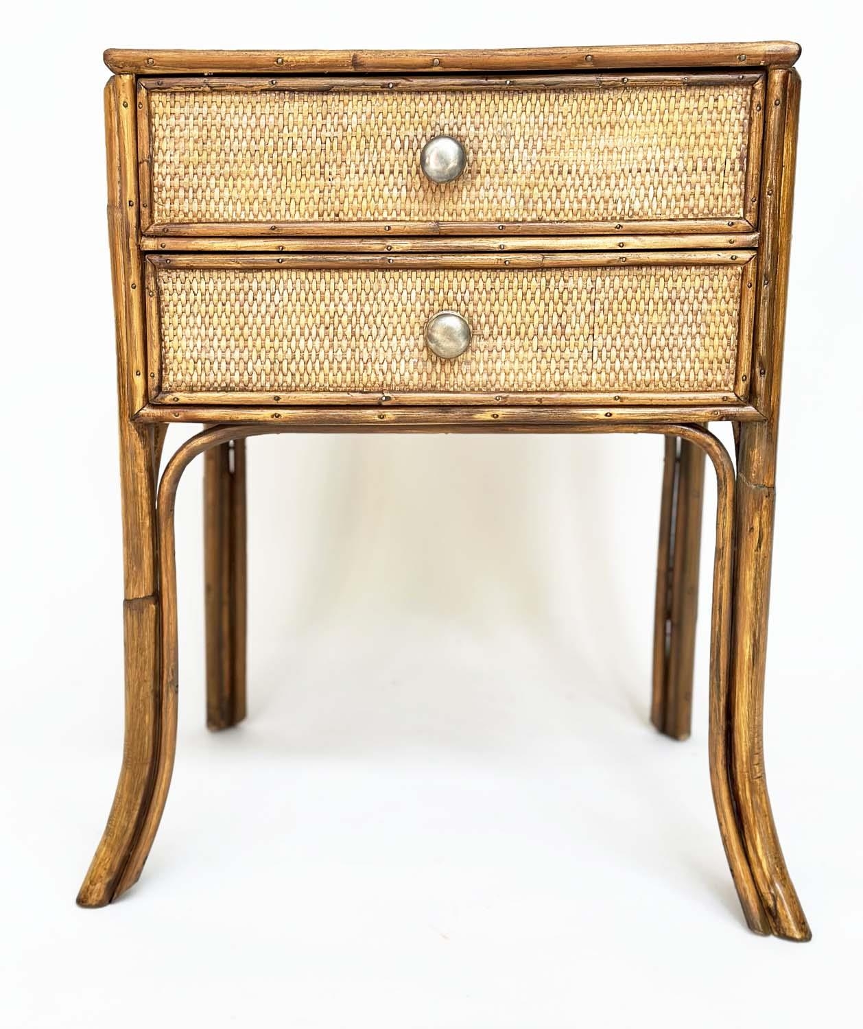 BAMBOO LAMP TABLES, a pair, vintage rattan framed wicker panelled and cane bound each with two - Image 3 of 8