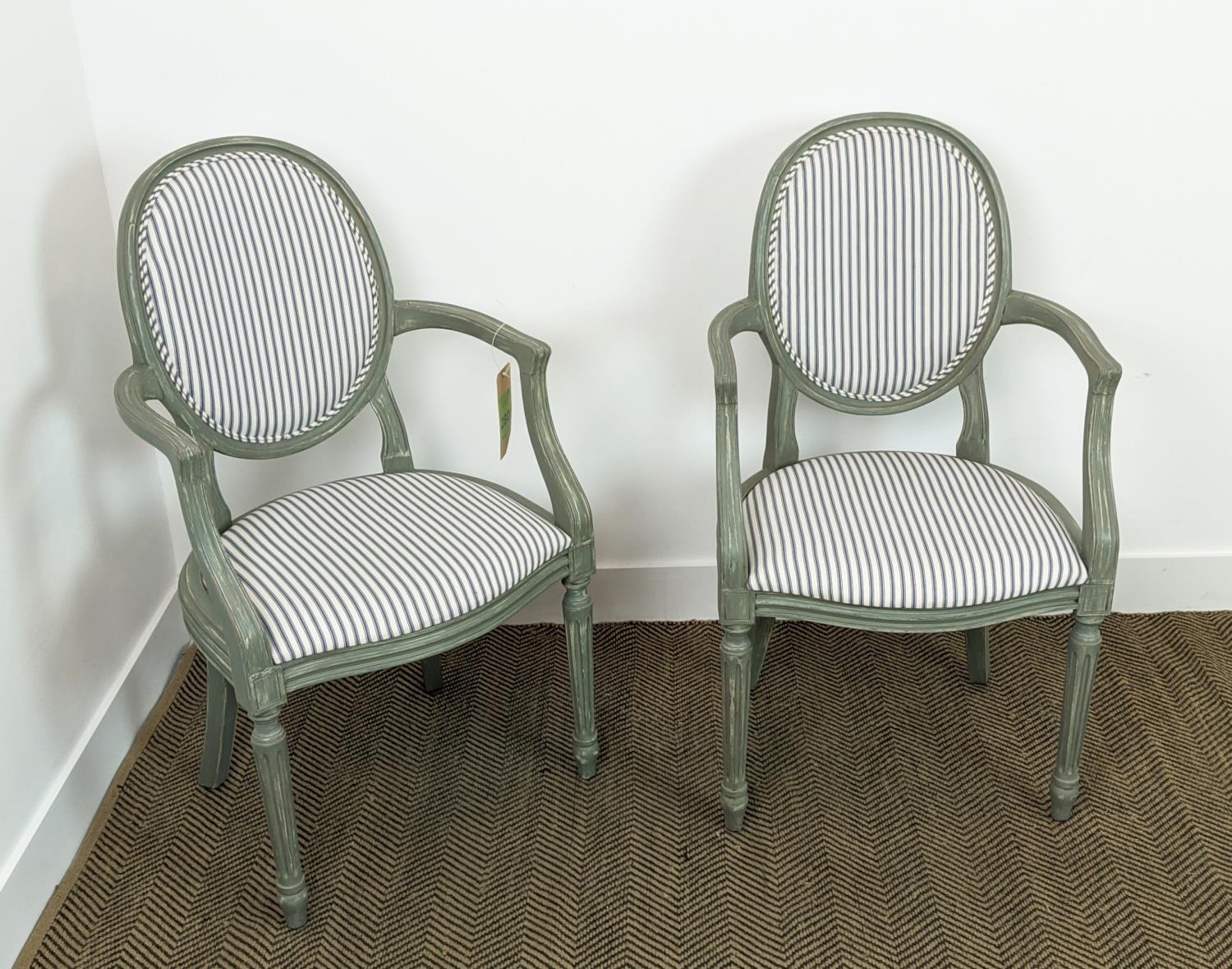 A PAIR OF LOUIS XVI STYLE FAUTEUILS, blue and grey pin stripe fabric, grey distressed finish to - Image 5 of 18