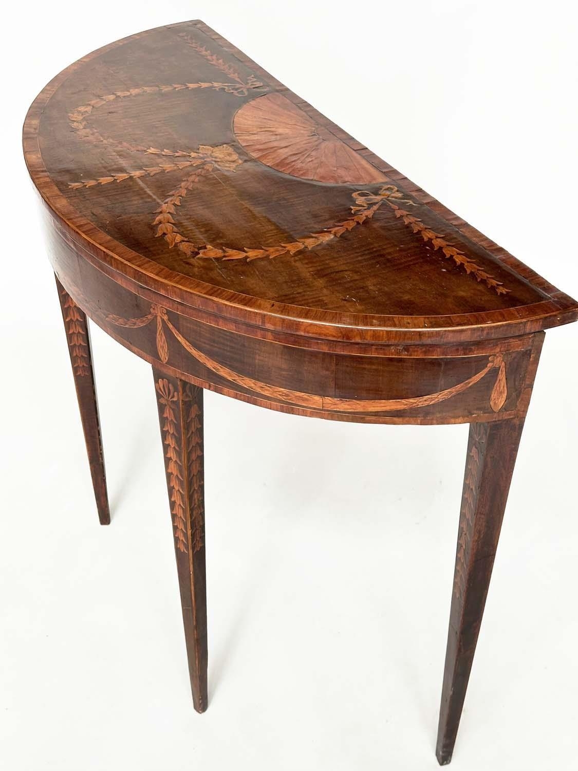 DEMI LUNE SIDE TABLE, George III, probably Irish, fiddle back mahogany and satinwood marquetry