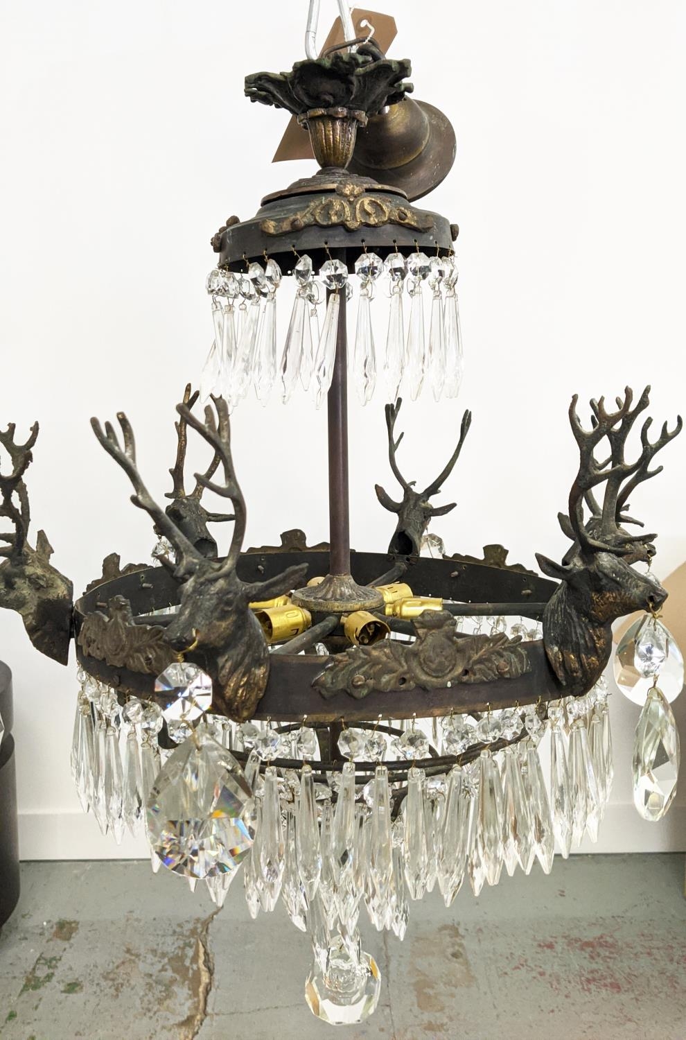 CHANDELIER, gilt metal with stag heads, glass drops and six lights, 53cm W x 85cm H overall. - Image 6 of 16