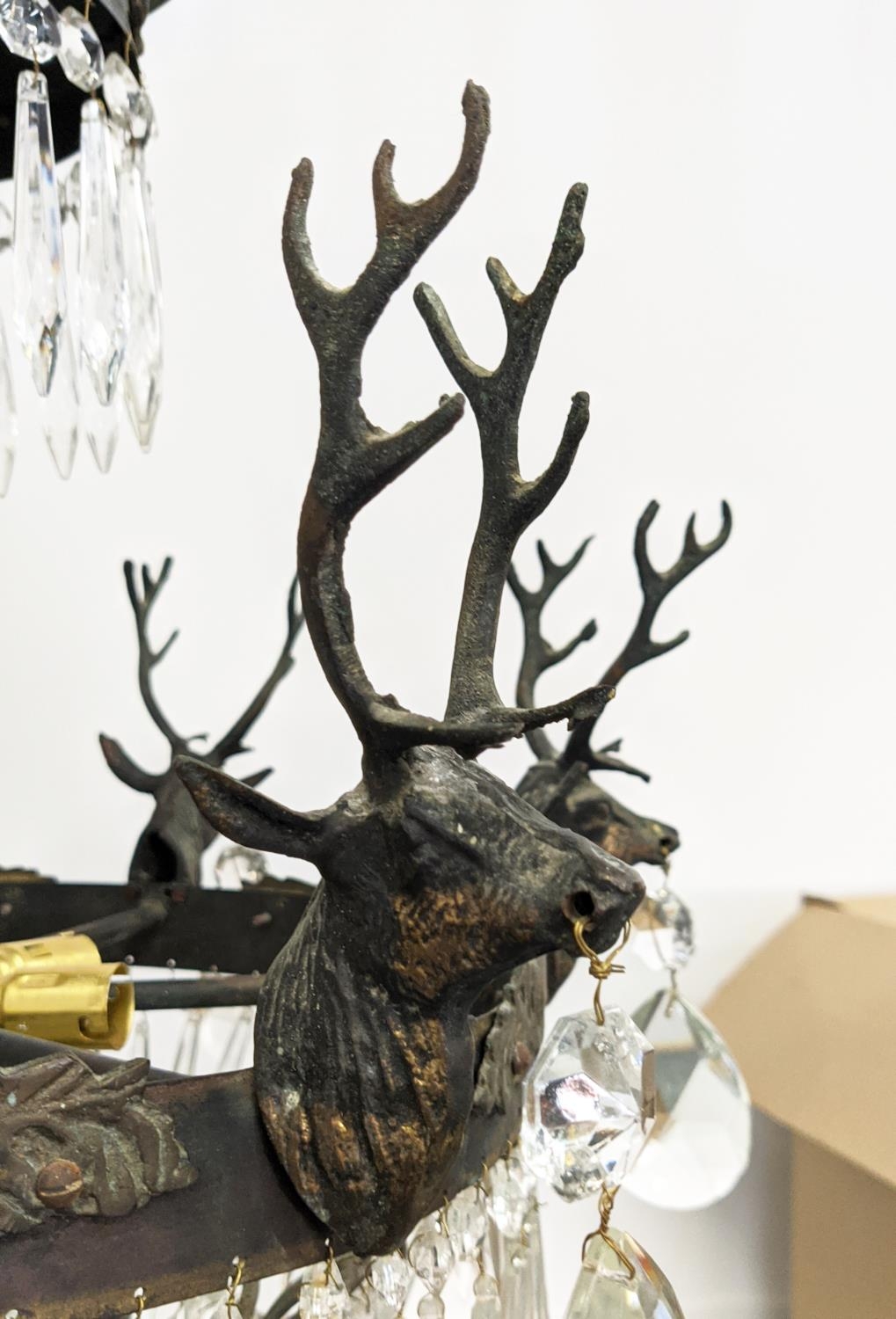 CHANDELIER, gilt metal with stag heads, glass drops and six lights, 53cm W x 85cm H overall. - Image 8 of 16