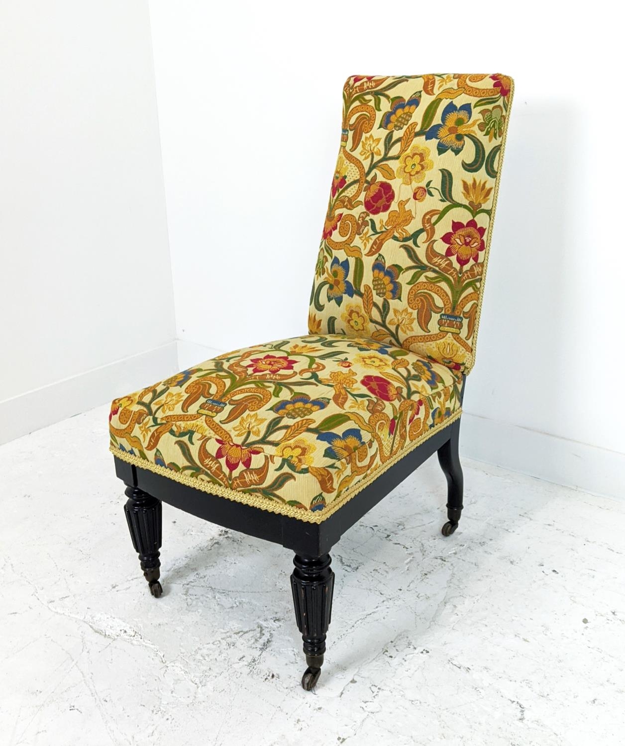 SLIPPER CHAIR, 19th century ebonised with William Morris patterned upholstery, 96cm H x 51cm W. - Image 6 of 18