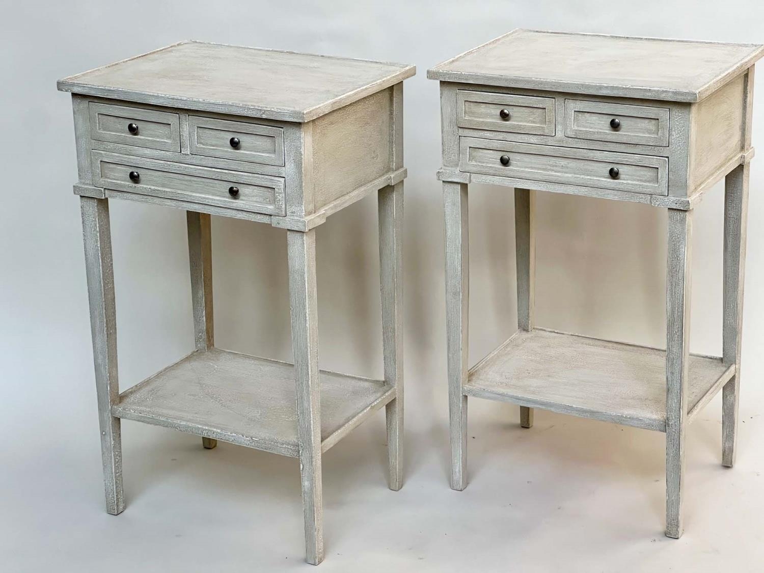 BEDSIDE/LAMP TABLES, a pair, French style grey painted each with three drawers and undertier, 44cm W - Image 5 of 9