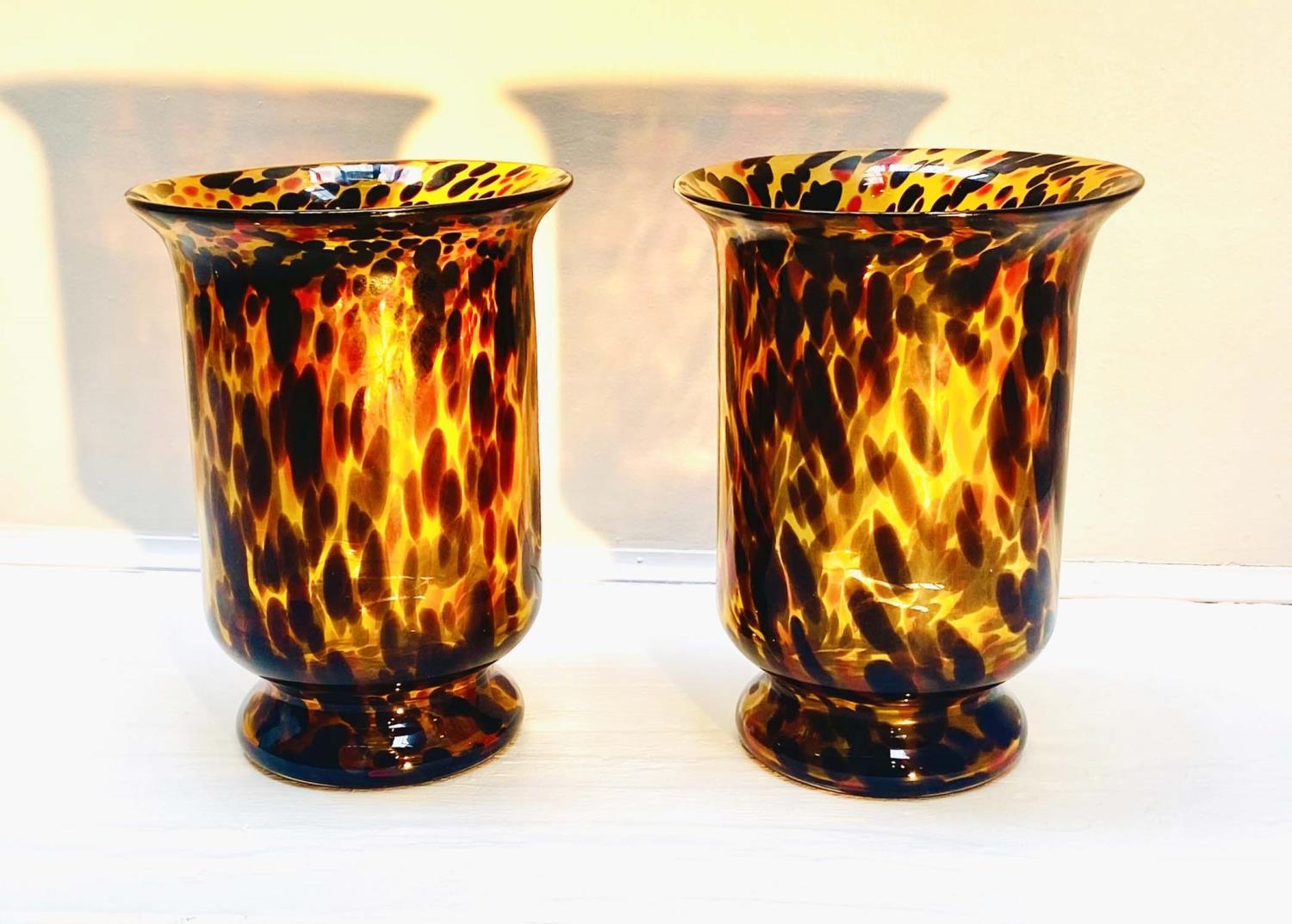 GLASS VASES, a pair, Murano style tortoiseshell glass, 30cm H x 22cm x 22cm. (2) - Image 4 of 5