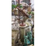 COMPOSITE STONE COLUMN WITH ARMILLARY, 135cm H. (2)