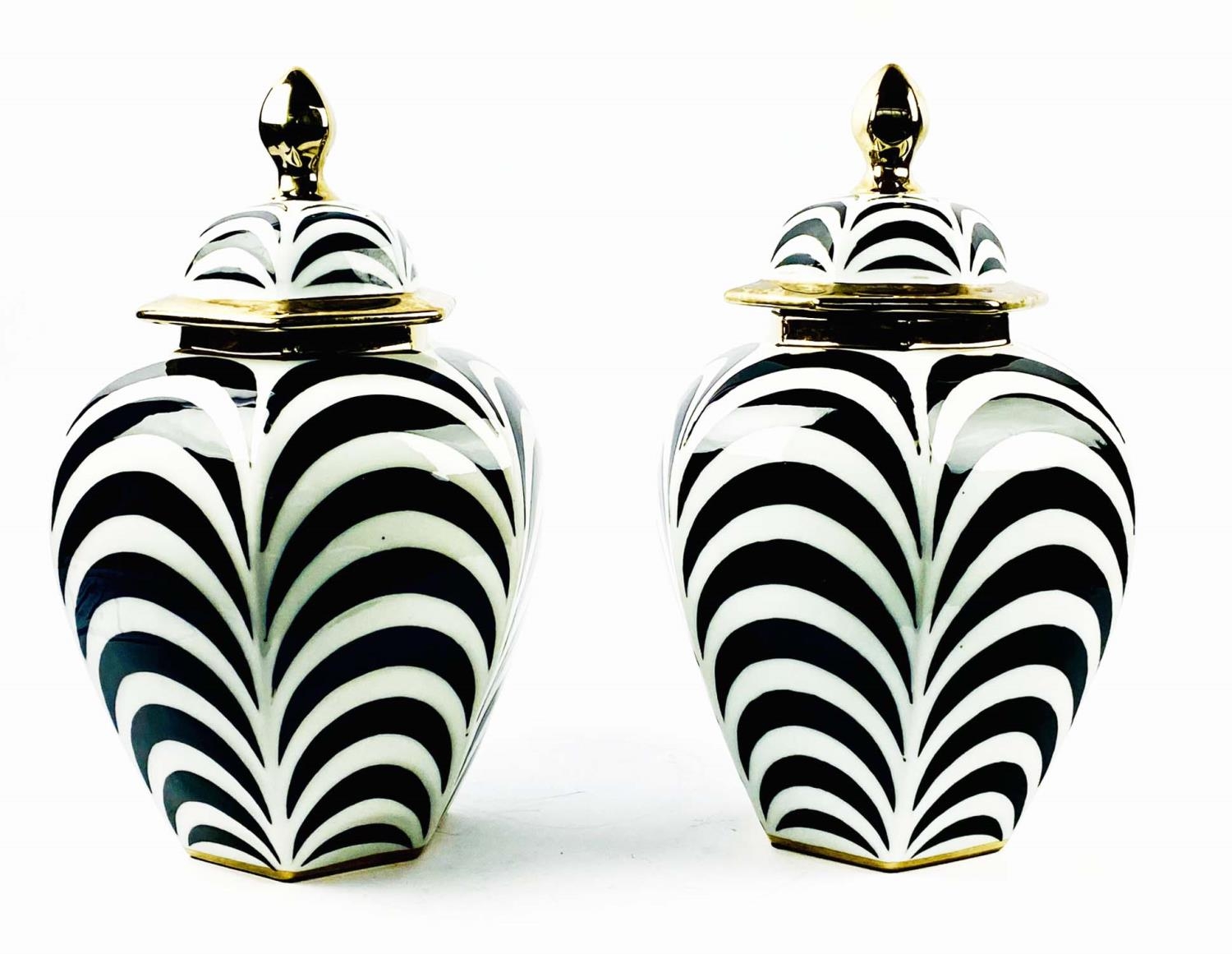 GINGER JARS, a pair, glazed ceramic with black and white decoration, gilt accents, 40cm high, 26cm - Image 3 of 4