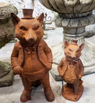 CAST METAL 'MR FOX' FIGURINES, a graduated set of two, large 41cm H, small 29cm H. (2)