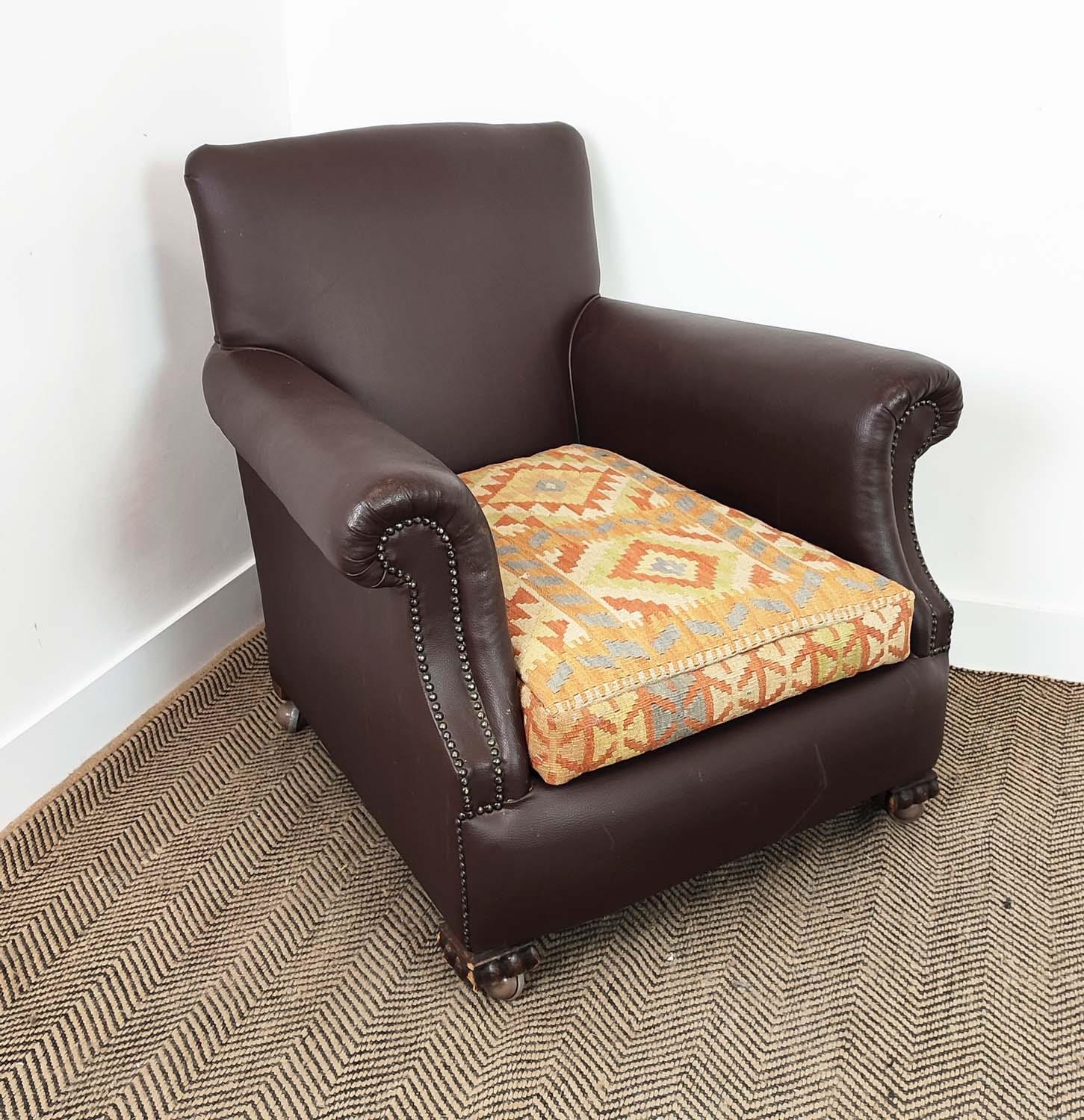 CLUB ARMCHAIR, early 20th century oak in brown leatherette with kilim seat cushion and modern - Image 3 of 14