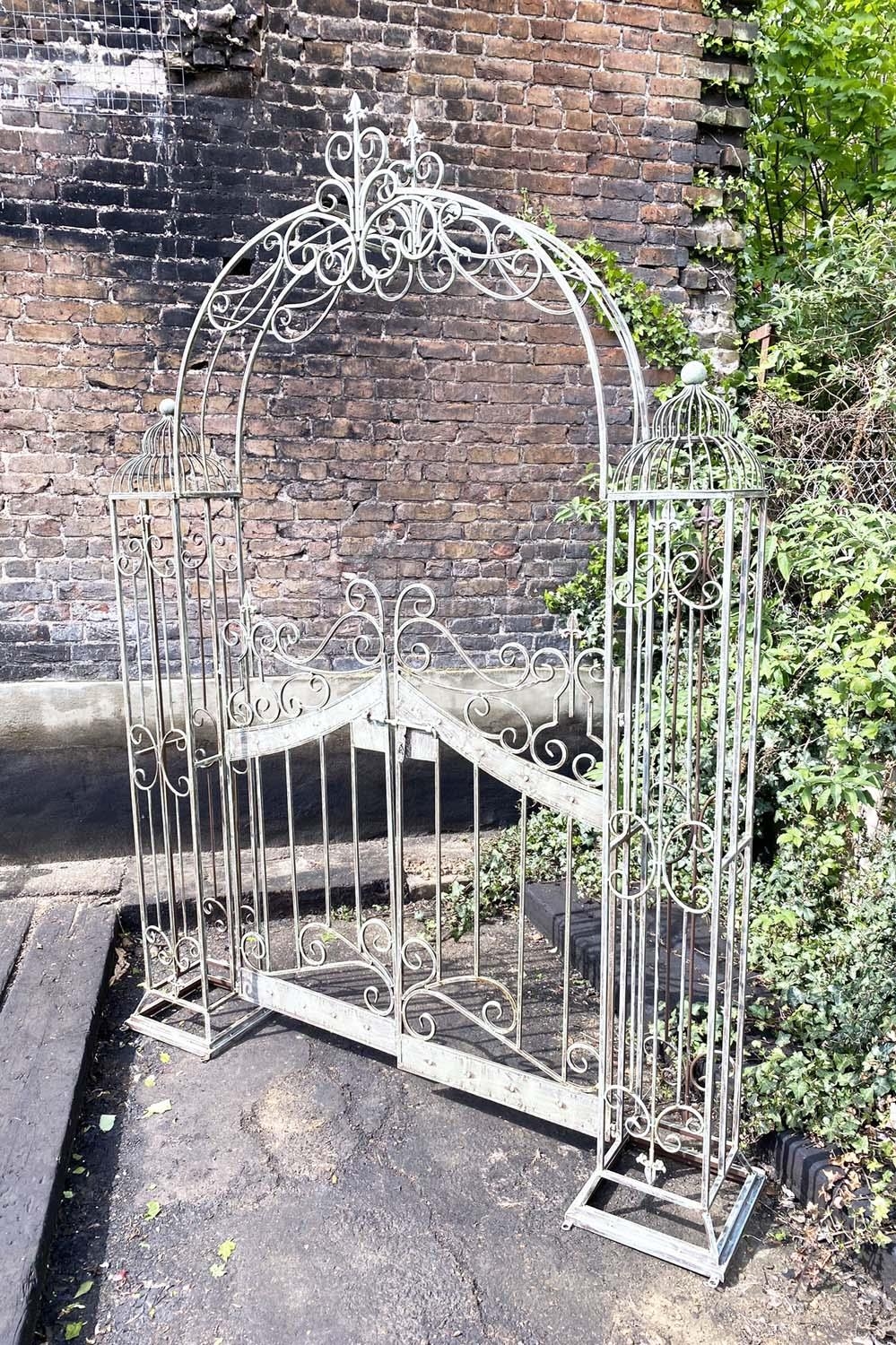 ARCHITECTURAL GARDEN GATE, Regency style, distressed metal frame, 250cm high, 185cm wide, 38cm deep. - Bild 2 aus 6