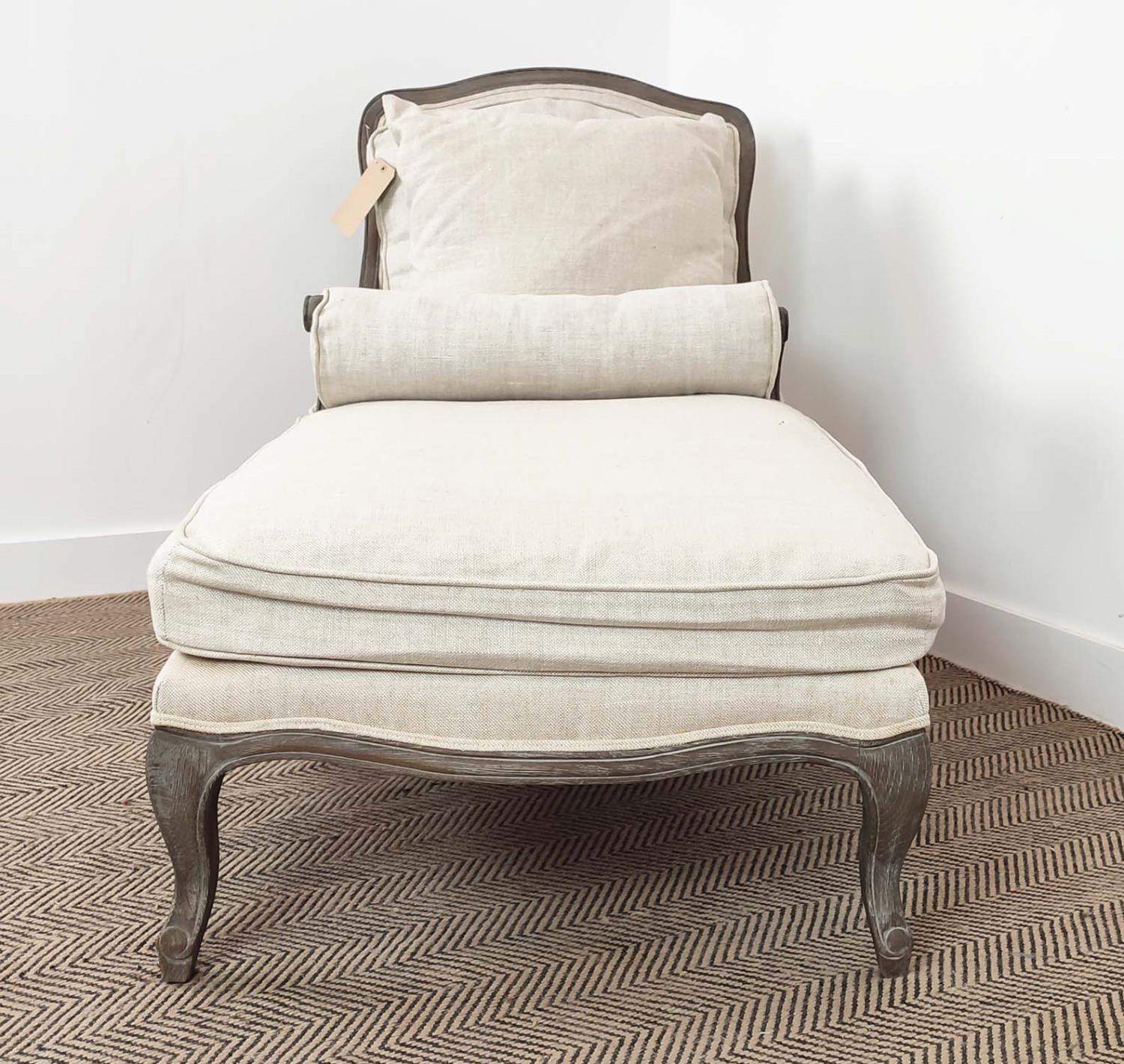 DAYBED, grey linen upholstered with a showframe, 73cm x 99cm H x 148cm L. - Image 6 of 7