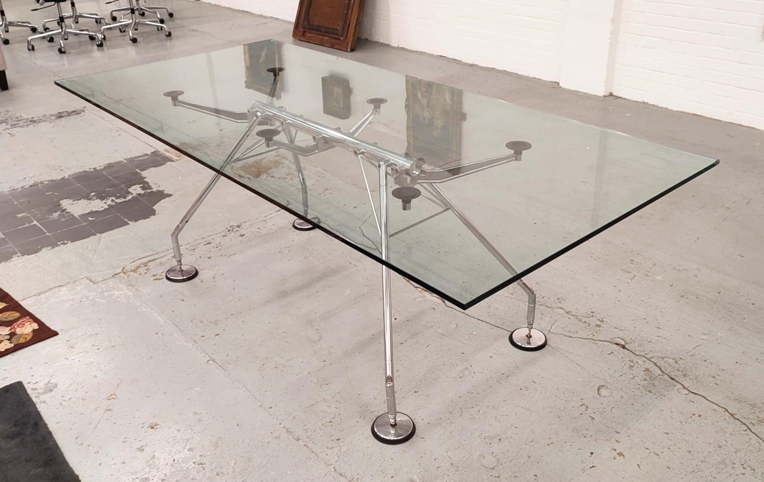 NOMOS TABLE, with a rectangular glass top on pad footed base, 100cm D x 220cm L x 75cm H.