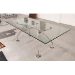 NOMOS TABLE, with a rectangular glass top on pad footed base, 100cm D x 220cm L x 75cm H.