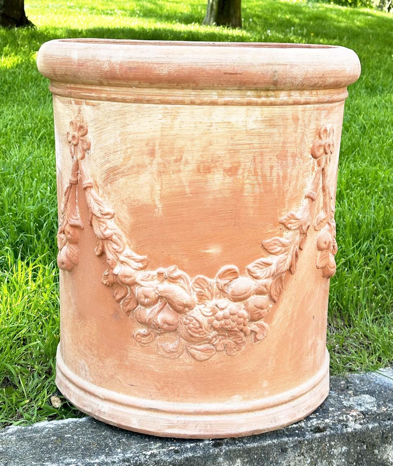 GARDEN PLANTERS, a pair, weathered Tuscan terracotta, D-section with swag decoration, (marks - Image 4 of 20