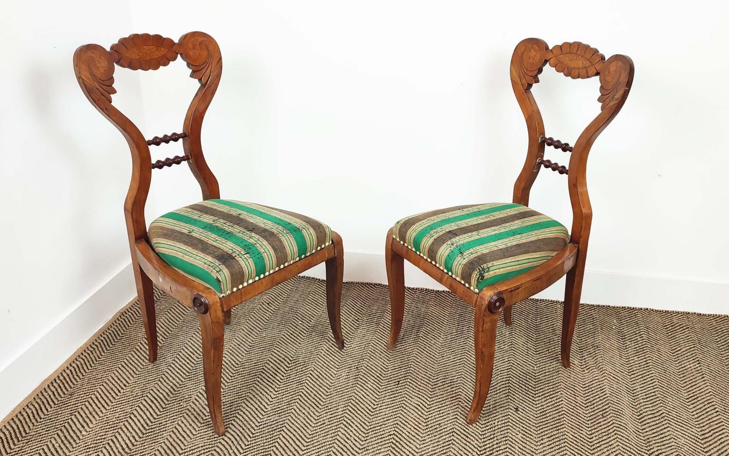 SIDE CHAIRS, a pair, Biedermeier cherrywood and thuya with worn green and brown striped drop in