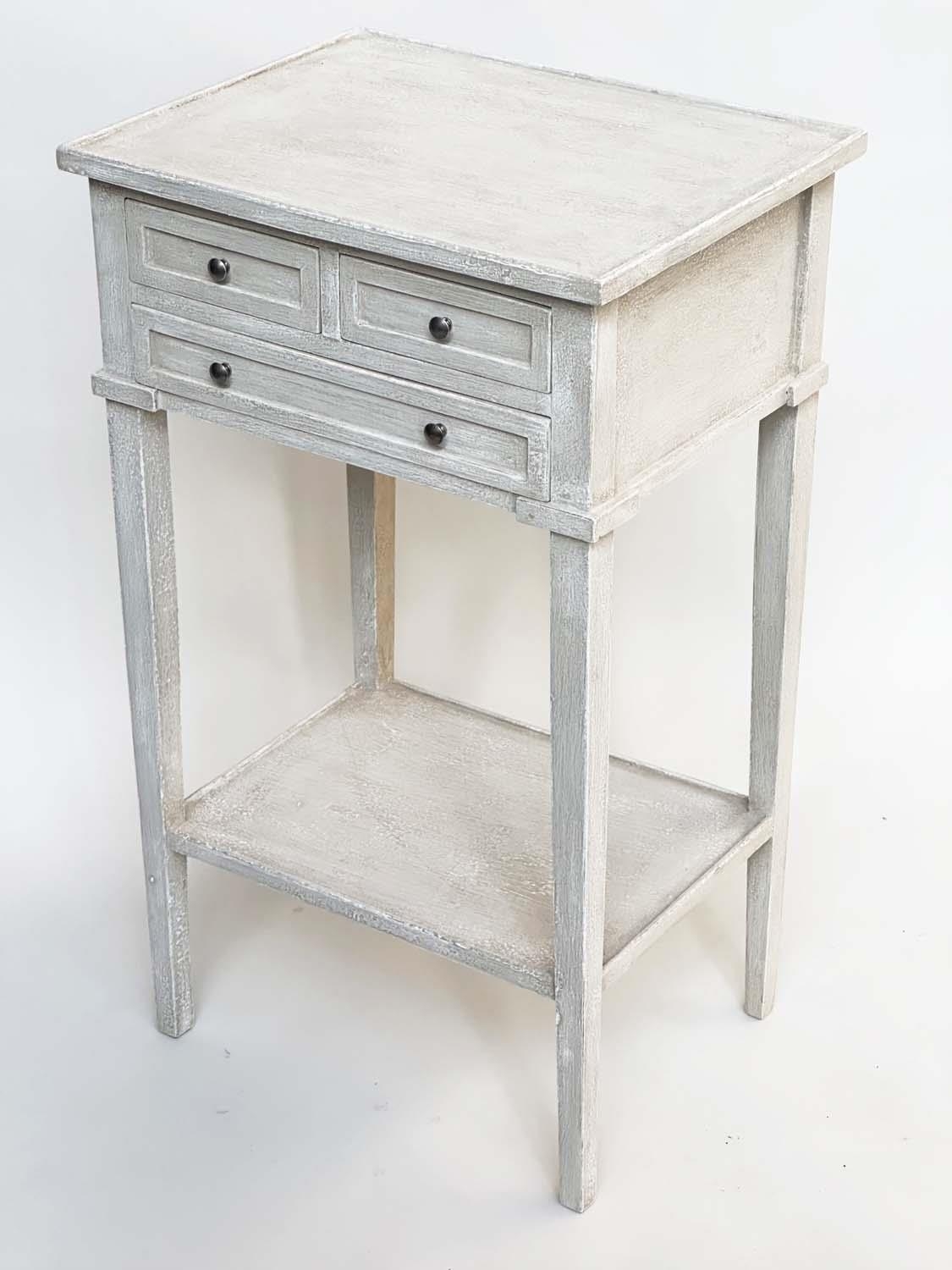 BEDSIDE/LAMP TABLES, a pair, French style grey painted each with three drawers and undertier, 44cm W - Image 8 of 9