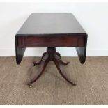 PEDESTAL PEMBROKE TABLE, Regency mahogany with a pair of drop leaves and drawer on reeded quadraform